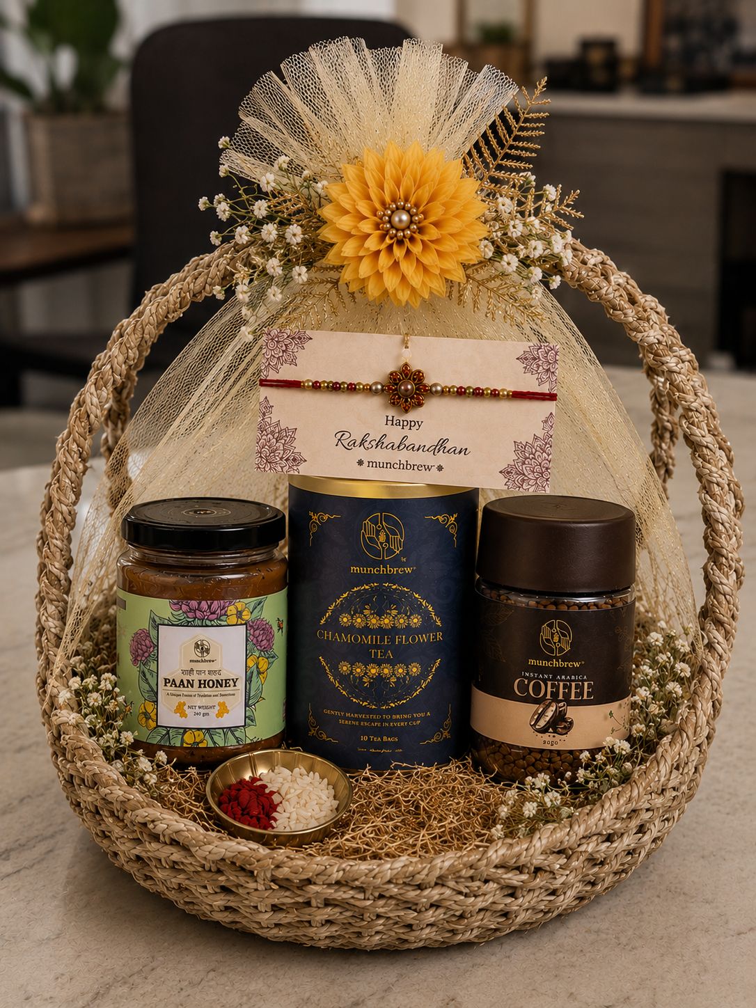 Signature Rakhi Celebration Box - Honey, Gourmet Treat and Flower Tea Gift Hamper