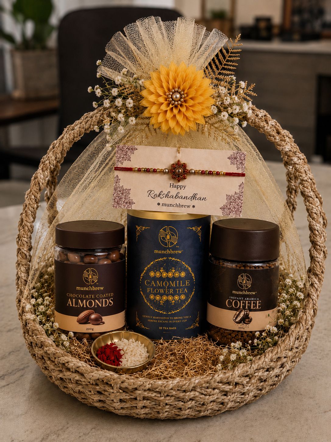 Gourmet Rakhi Trio Gift Box - Coffee, Chocolate and Flower Tea Hamper for Raksha Bandhan
