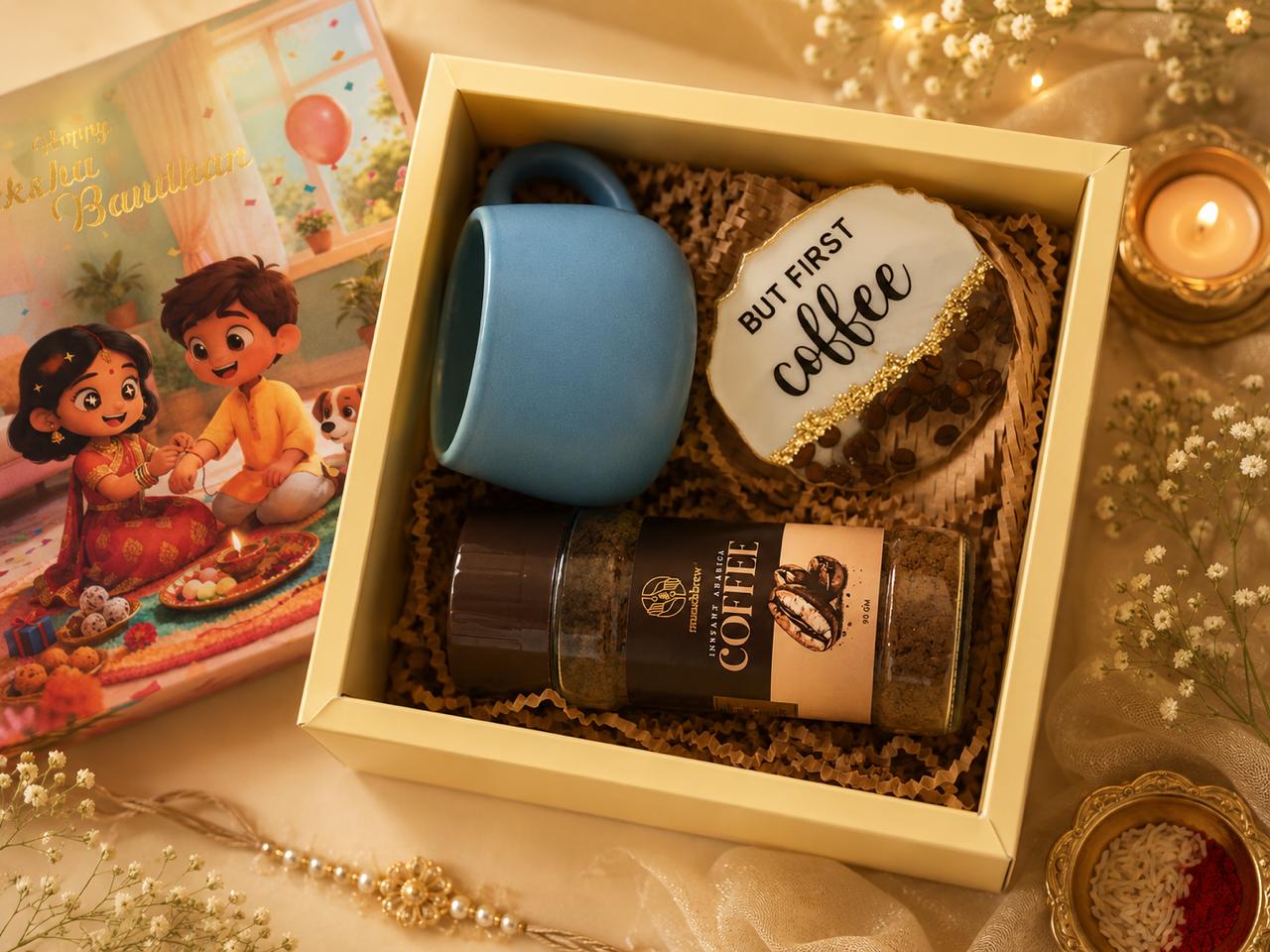 Cozy Coffee Moments Rakhi Gift Box - Coffee Mug & Coaster Gift Hamper